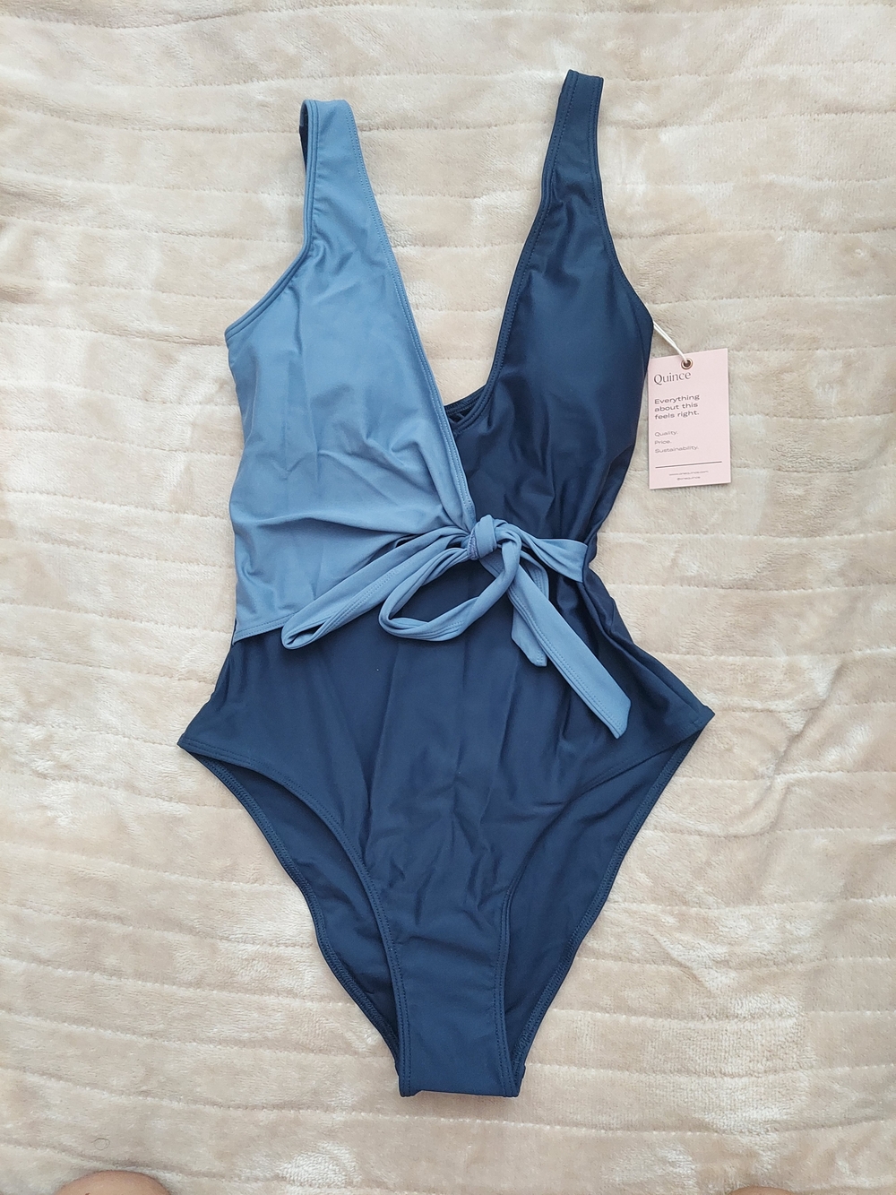 Quince Two-Tone Blue Wrap Tie One-Piece Swimsuit Women Size 4 NWT Feminine